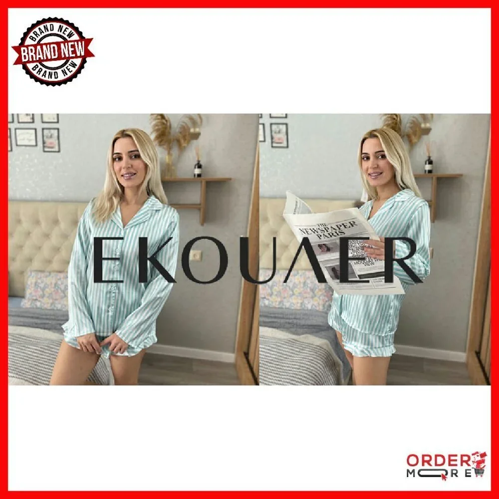Women's Satin Pajama Set Long Sleeve Top & Shorts Sleepwear